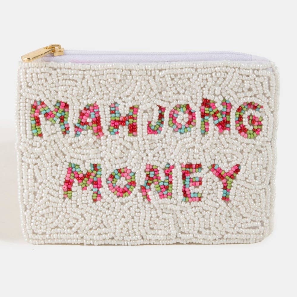 MAHJONG MONEY SEED BEAD COIN PURSE - WHITE