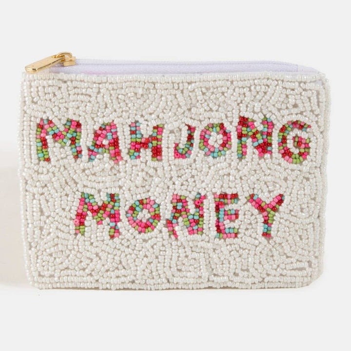 MAHJONG MONEY SEED BEAD COIN PURSE - WHITE