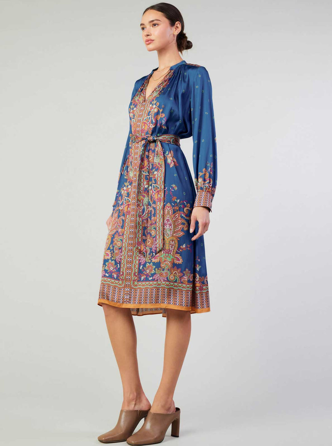 PAISLEY PRINT MANDARIN COLLAR MIDI SATIN DRESS - NAVY