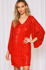 SEQUIN BALOON SLEEVE DRESS - RED