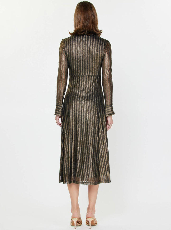 METALLIC STRIPED MIDI DRESS - BLACK GOLD