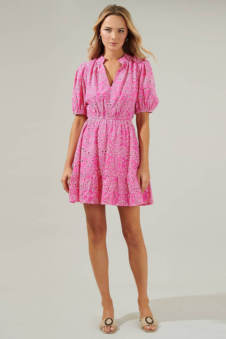 ROSIE EYELET MINI DRESS - PETAL PINK