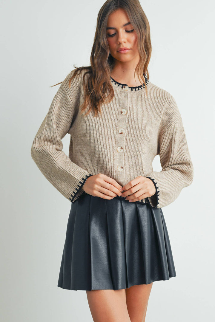 CONTRAST WHIPSTITCH CREWNECK CARDIGAN - TAUPE