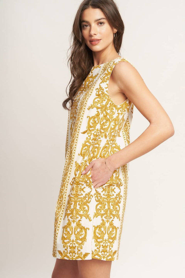 PRINTED WOVEN MINI SHIFT DRESS - YELLOW + WHITE