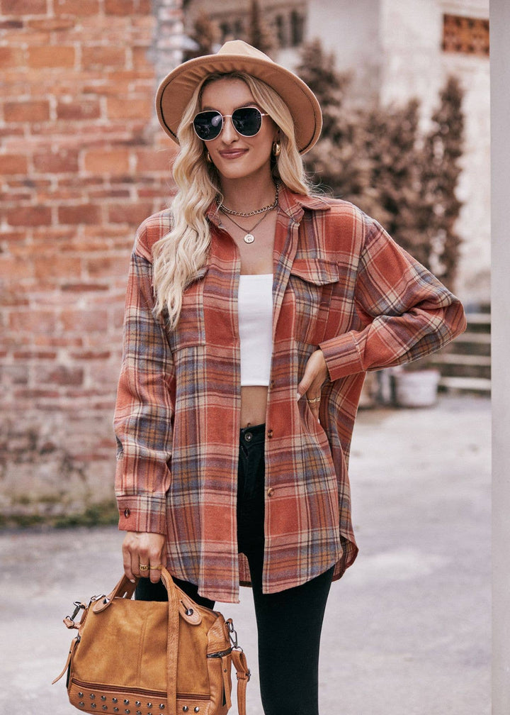 PLAID BUTTON DOWN LONG SLEEVE SHIRT - ORANGE