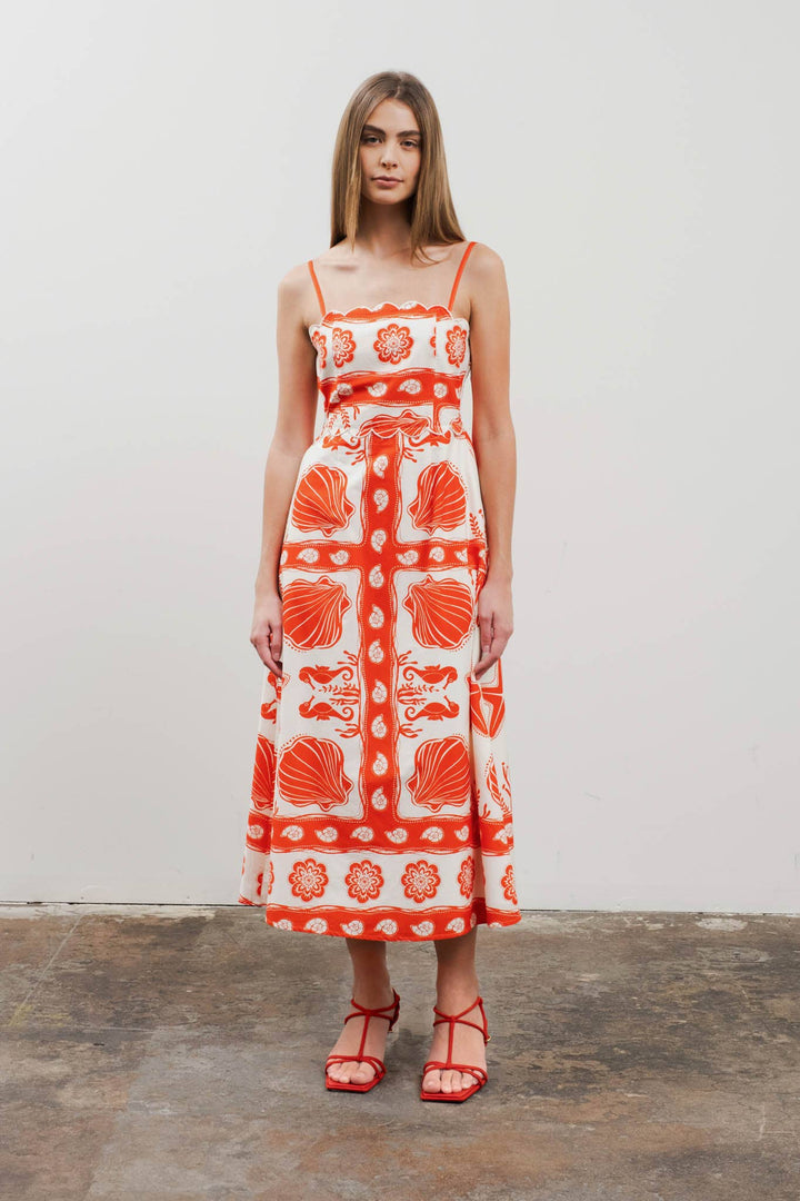 SEA PRINT SCALLOP DETAIL MIDI DRESS - ORANGE