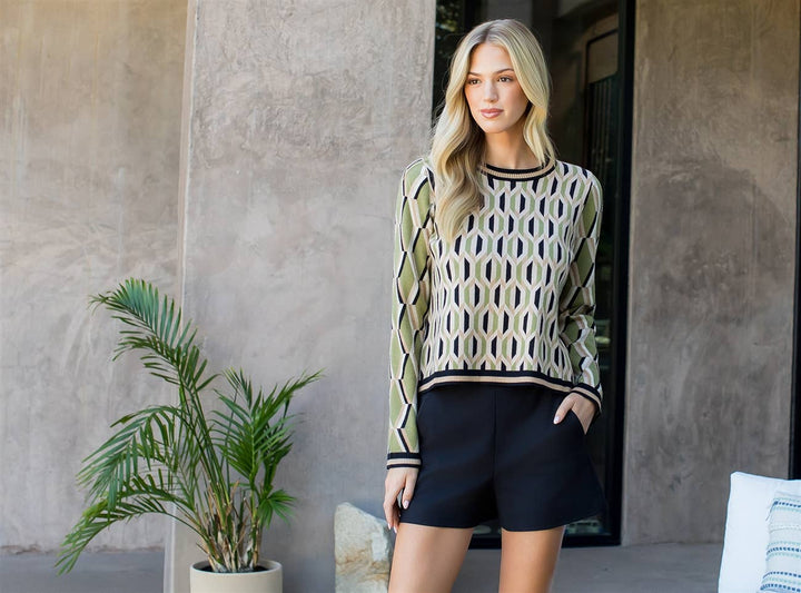 RETRO PATTERNED KNIT SWEATER - AVOCADO GREEN