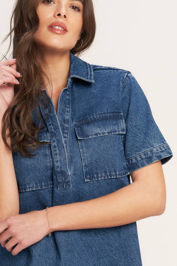 WASHED DENIM MINI DRESS - INDIGO