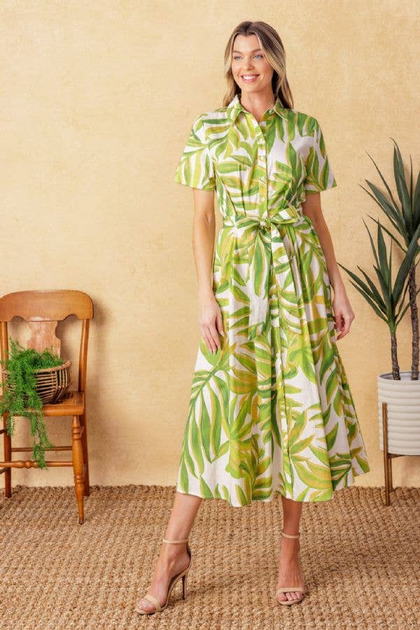 TROPICAL PALM PRINTED WOVEN MIDI DRESS - GREEN