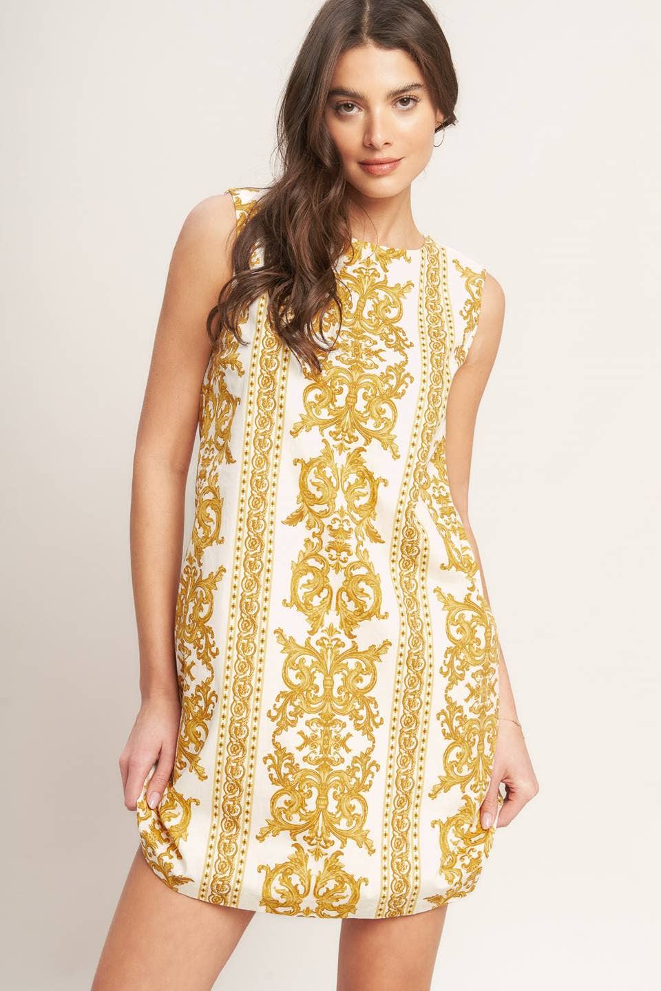 PRINTED WOVEN MINI SHIFT DRESS - YELLOW + WHITE