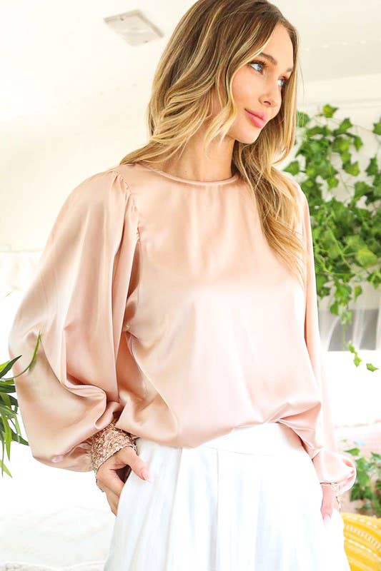 SEQUIN CUFF DETAIL SATIN BLOUSE - BLUSH PINK