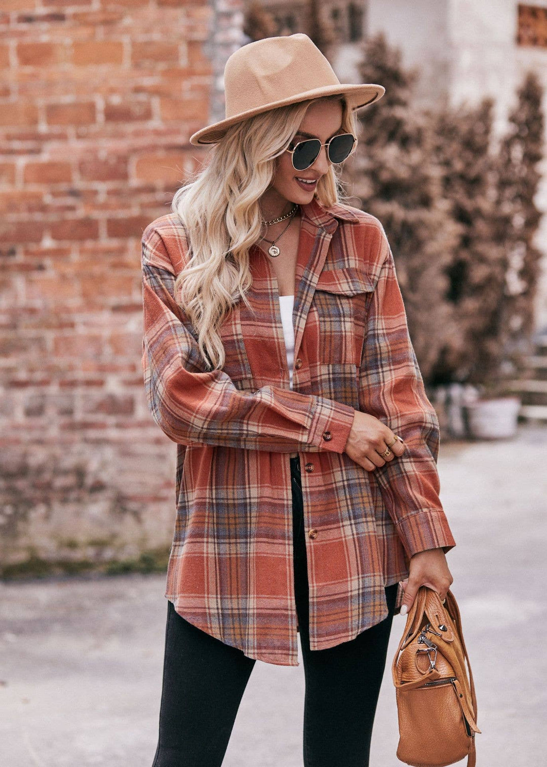 PLAID BUTTON DOWN LONG SLEEVE SHIRT - ORANGE