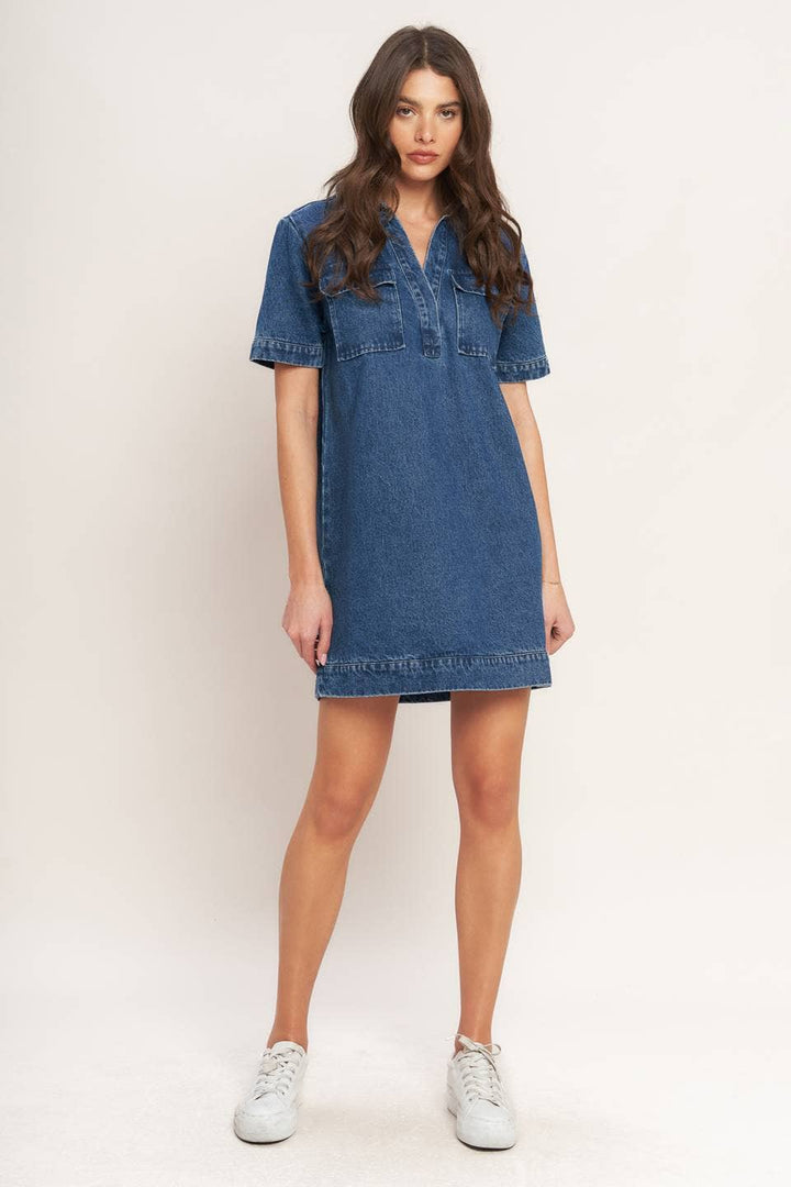 WASHED DENIM MINI DRESS - INDIGO