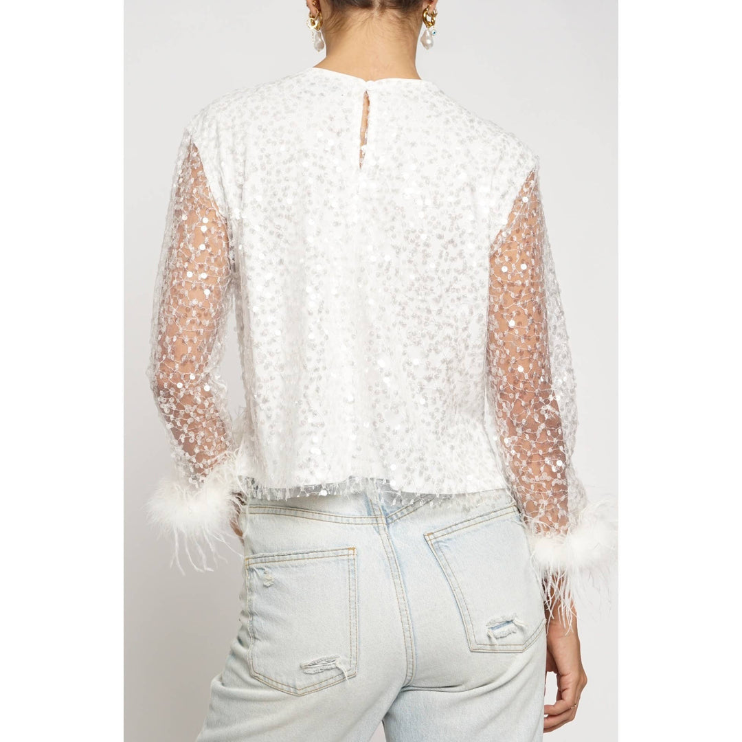 SEQUIN MESH FEATHER TOP - WINTER WHITE