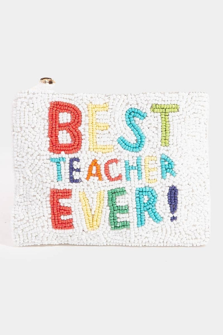 BEST TEACHER EVER SEED BEAD COIN PURSE - WHITE