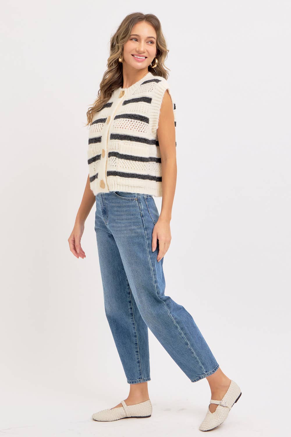 STRIPE SWEATER KNIT SLEEVELESS TOP - CREAM + NAVY