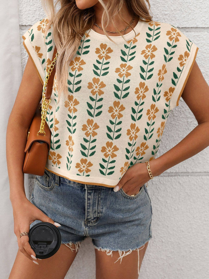 SHORT SLEEVE CROPPED KNIT FLORAL SWEATER - KHAKI