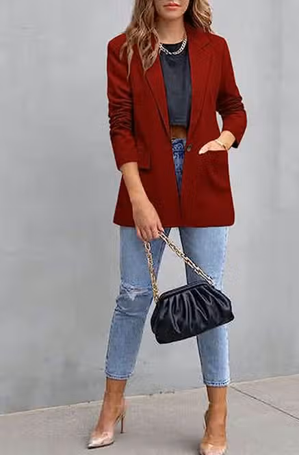 SINGLE BREASTED LAPEL BLAZER - CRIMSON