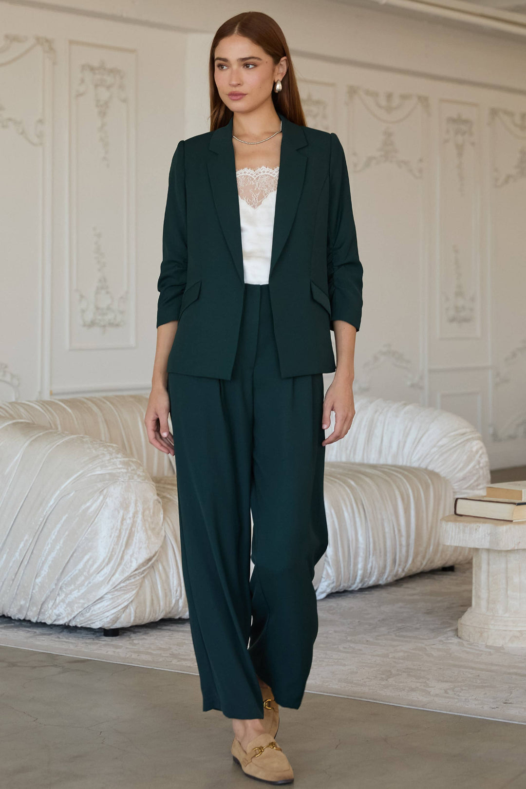 RECYCLED POLY SHIRRED SLEEVE BLAZER - BLACK