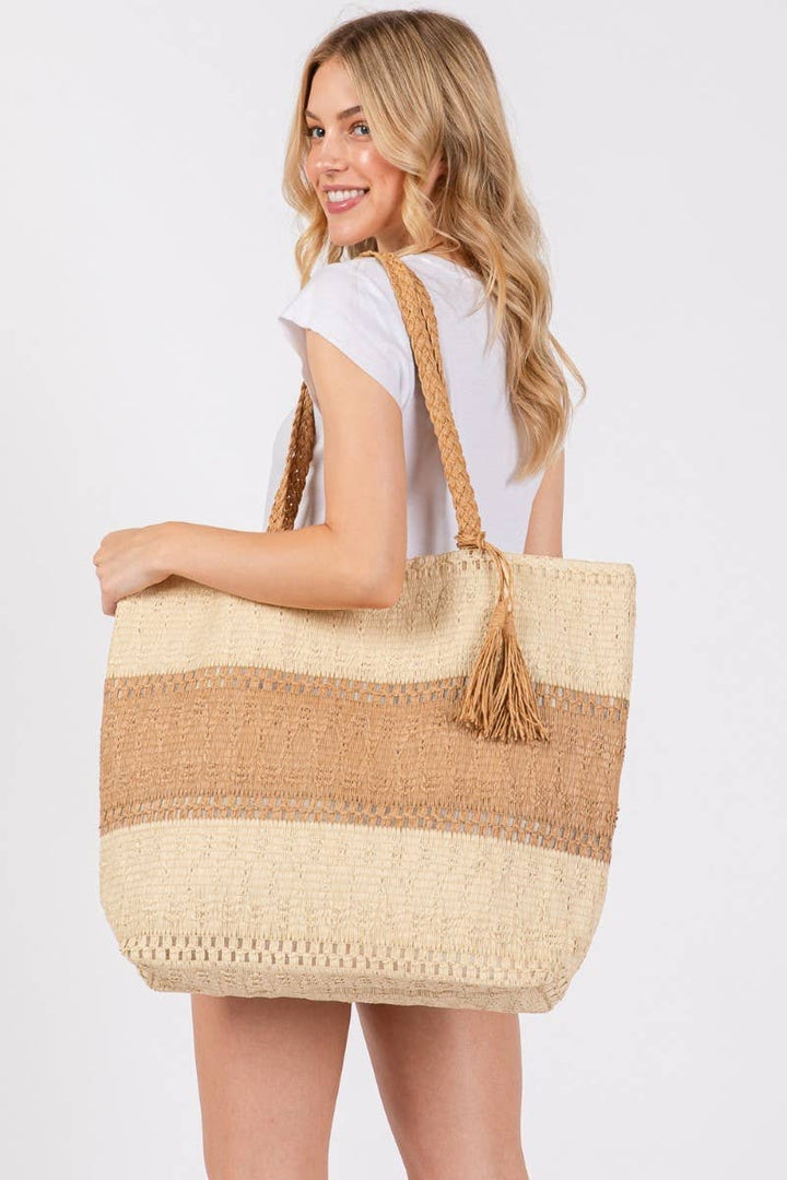 TWO TONE WOVEN TOTE BAG - TAUPE