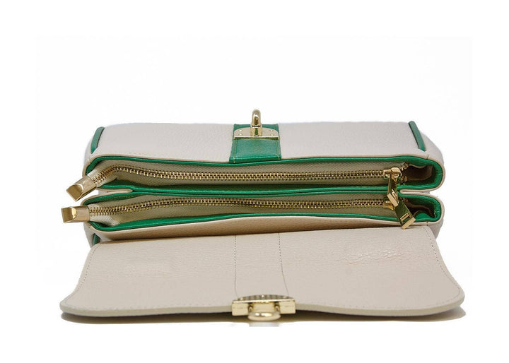 CONTRAST TRIM LEATHER SATCHEL HANDBAG - CAMEL + BEIGE