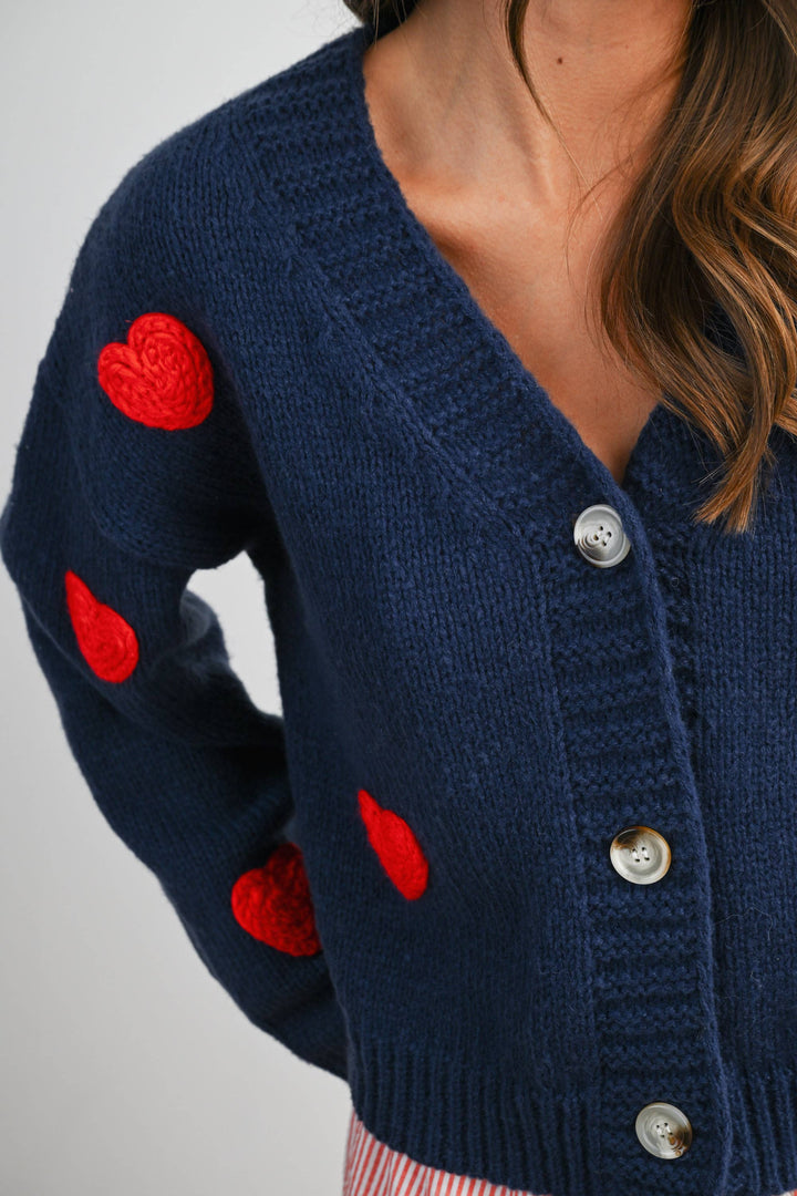 HEART PATTERN CROP CARDIGAN - NAVY
