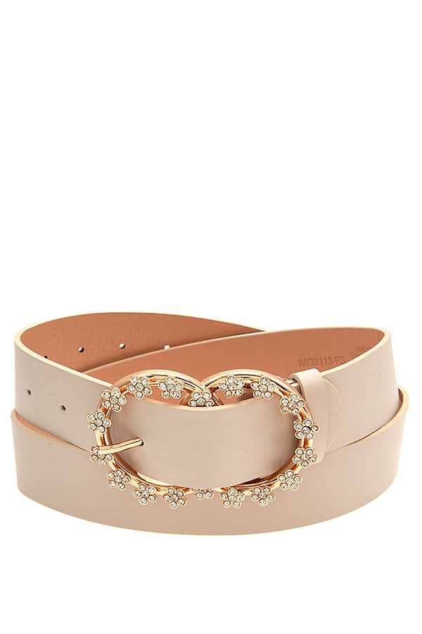 FLORAL RHINESTONE BUCKLE VEGAN LEATHER BELT - TAUPE