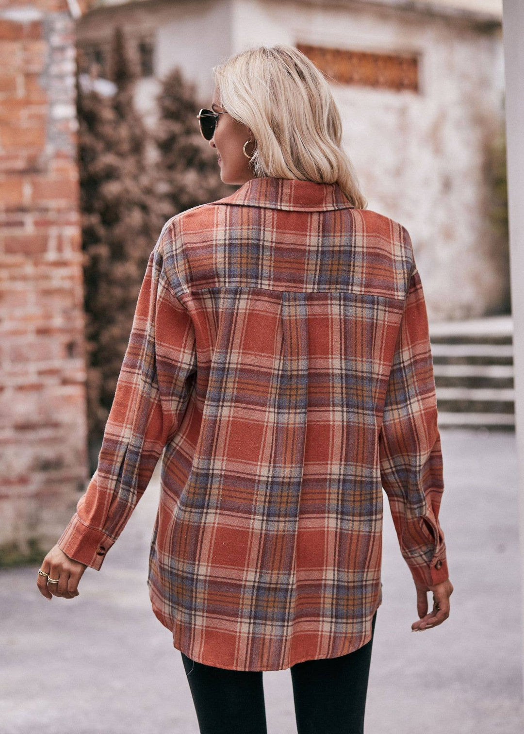 PLAID BUTTON DOWN LONG SLEEVE SHIRT - ORANGE