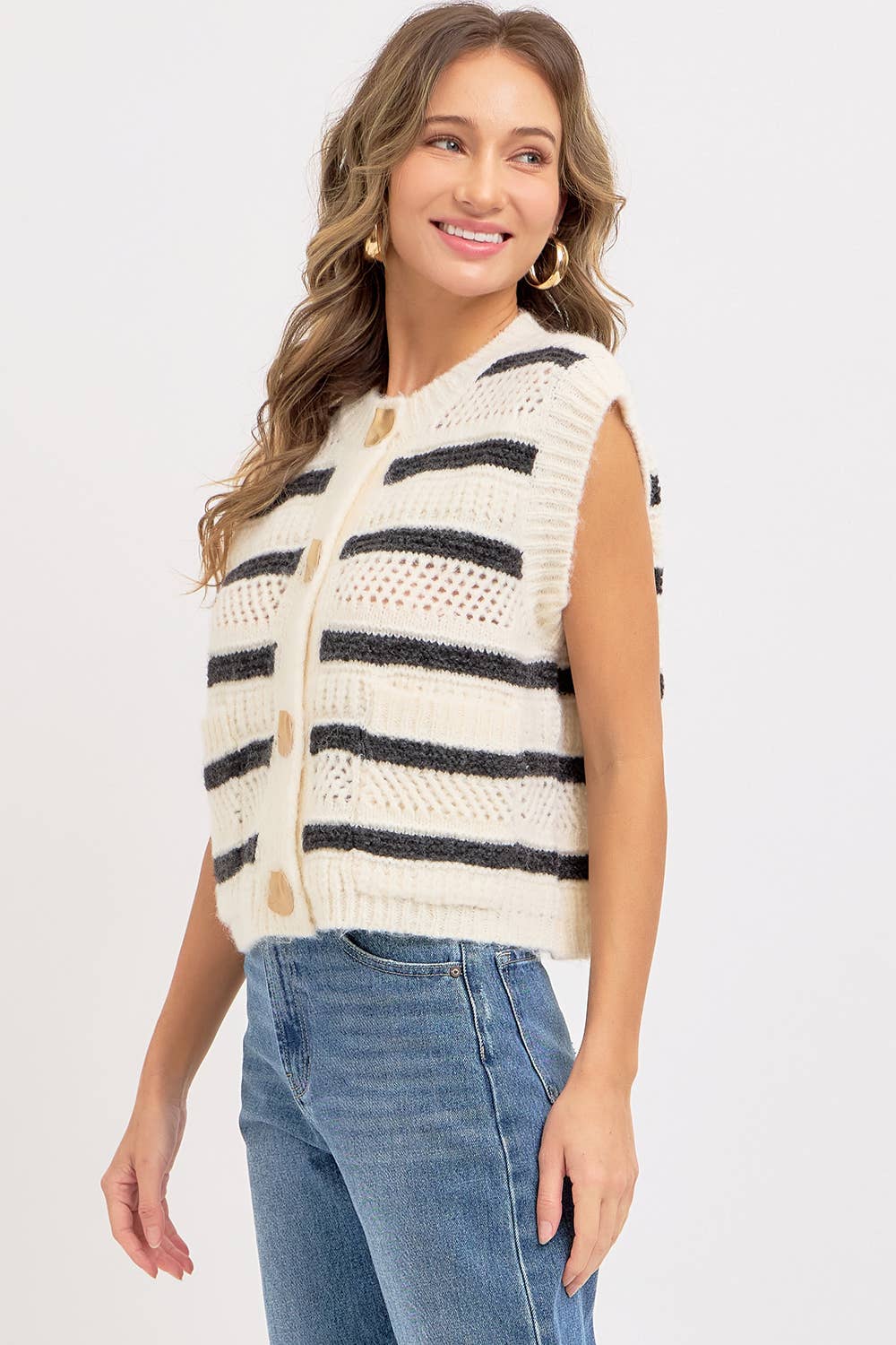 STRIPE SWEATER KNIT SLEEVELESS TOP - CREAM + NAVY