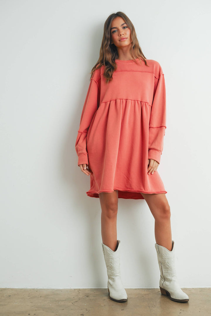 FULL SLEEVE MINI SWEATSHIRT DRESS - AUTUMN ORANGE