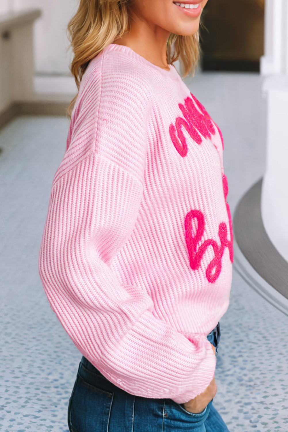 MERRY + BRIGHT POP UP LETTER WAFFLE KNIT SWEATER - PINK