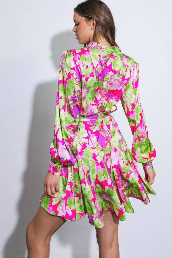 PRINTED WOVEN MINI DRESS BY FLYING TOMATO - PINK + GREEN