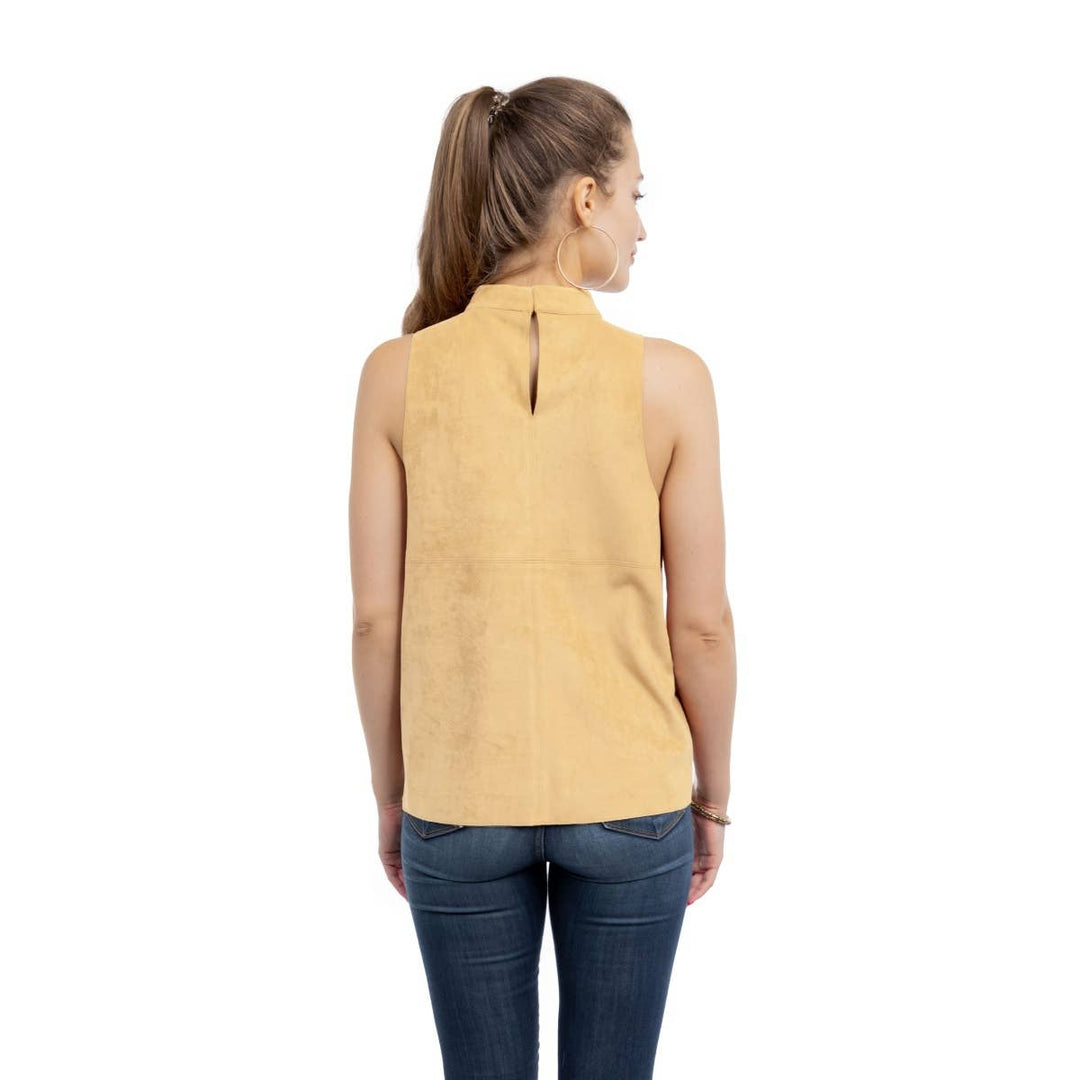 MOCK NECK VEGAN SUEDE TOP - SAND