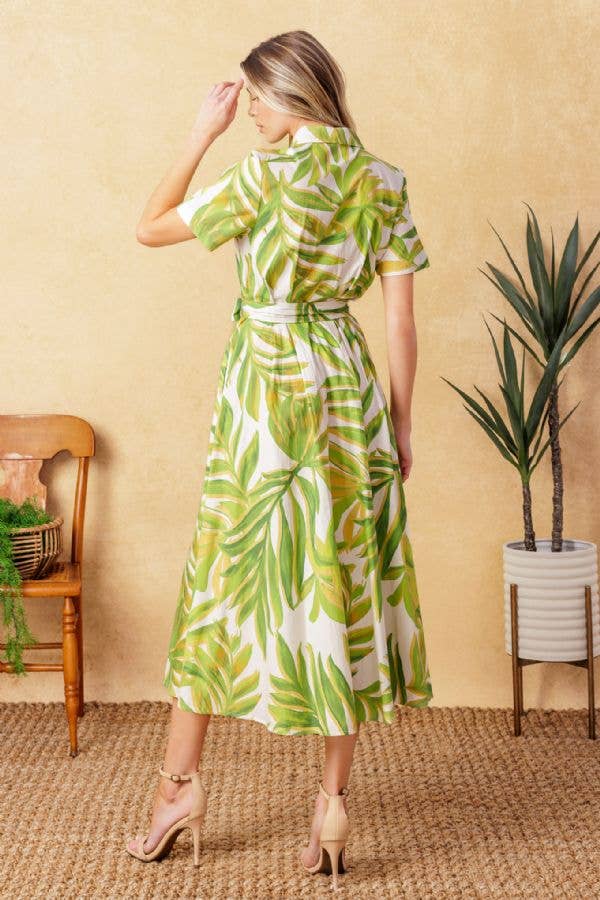 TROPICAL PALM PRINTED WOVEN MIDI DRESS - GREEN