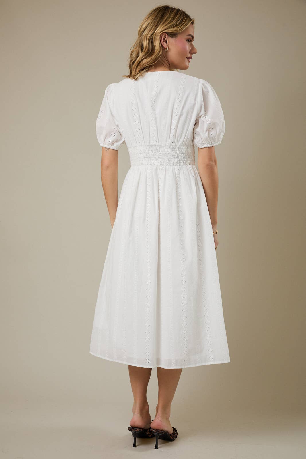 BUTTON DOWN FIT + FLARE EYELET MIDI DRESS - WHITE