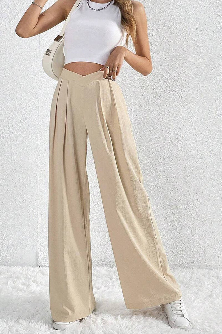PLEATED CASUAL WIDE LEG PANTS - APRICOT