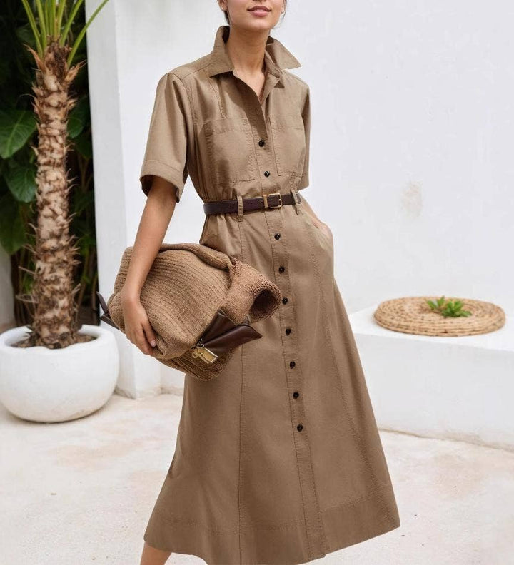 BUTTON DOWN MIDI SHIRT DRESS - KHAKI