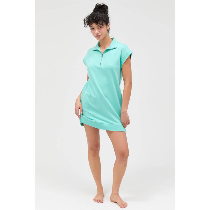 HALF ZIP MOCK NECK MINI DRESS - TURQUOISE