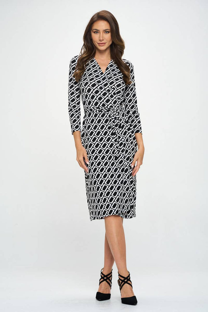 GEOMETRIC PRINT JERSEY WRAP DRESS - BLACK