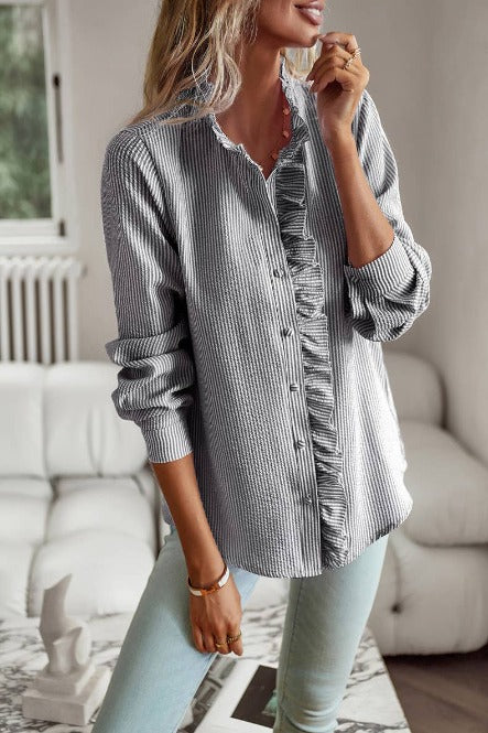 RUFFLE BUTTON DOWN LONG SLEEVE SHIRT - BLACK