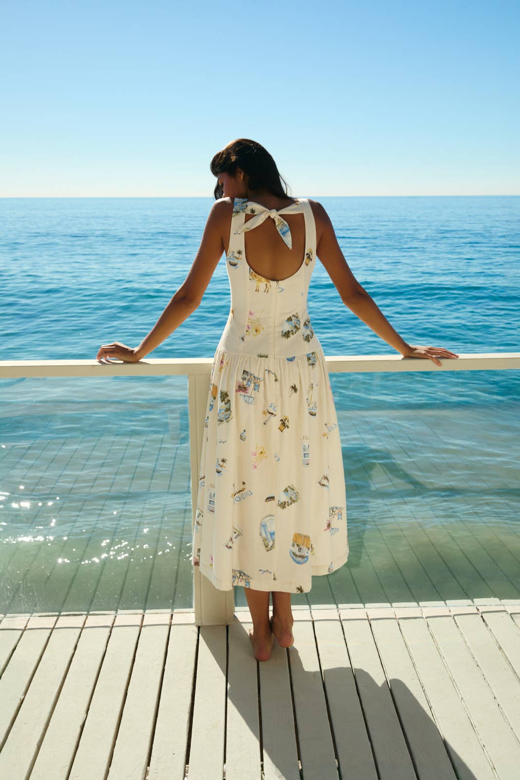BOAT NECK SLEEVELESS DROP WAIST MIDI DRESS - CREAM MULTI