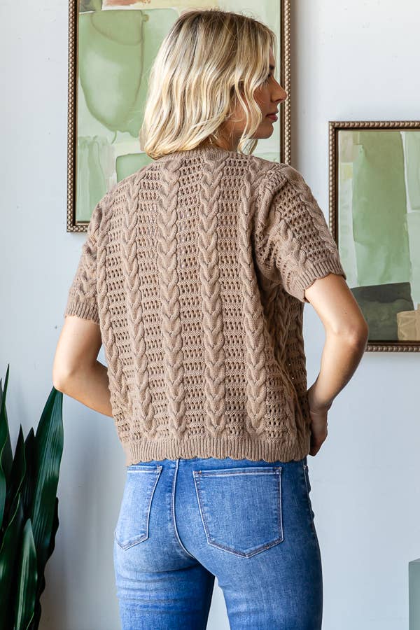 CABLE KNIT CROCHET SHORT SLEEVE SWEATER TOP - TAN