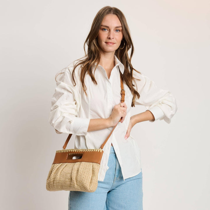 VALENTINA WOVEN + VEGAN LEATHER CROSSBODY - TAN + CAMEL