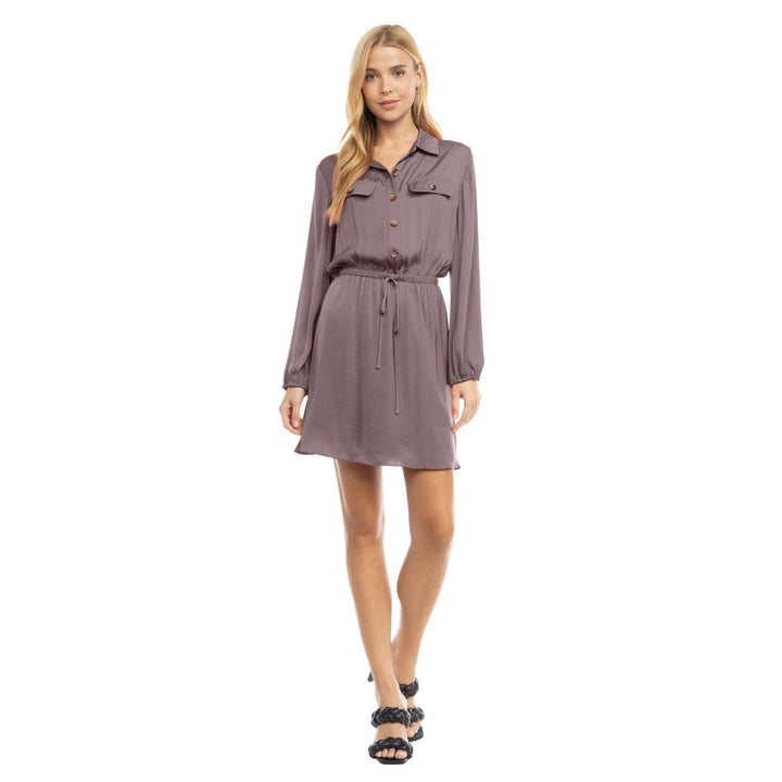 LAPEL COLLAR BELTED MINI DRESS - DUSTY PLUM