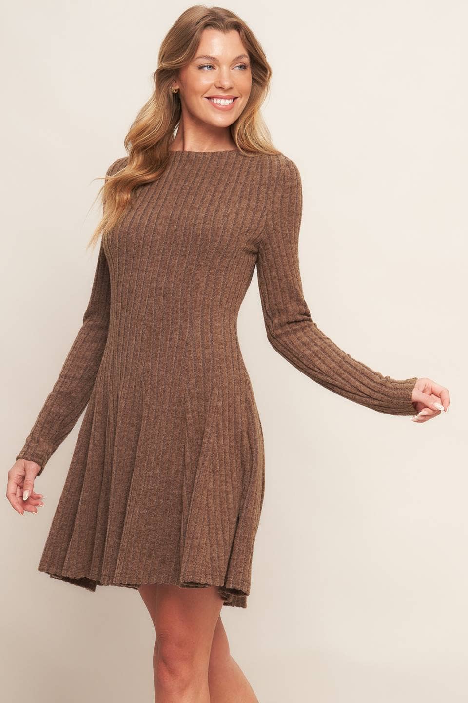 BRUSHED RIBBED KNIT MINI DRESS - BURNT TOFFEE
