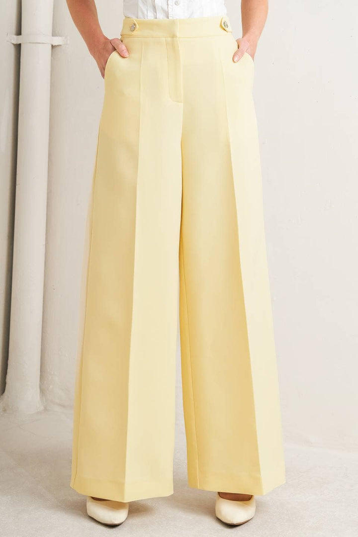 SOLID WOVEN WIDE LEG PANT - LEMON