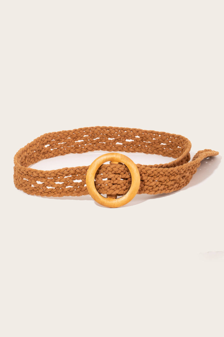 ROUND WOODEN BUCKLE BRAIDED BELT - KHAKI