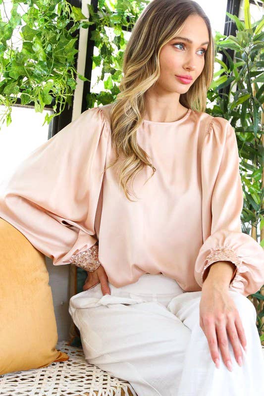 SEQUIN CUFF DETAIL SATIN BLOUSE - BLUSH PINK