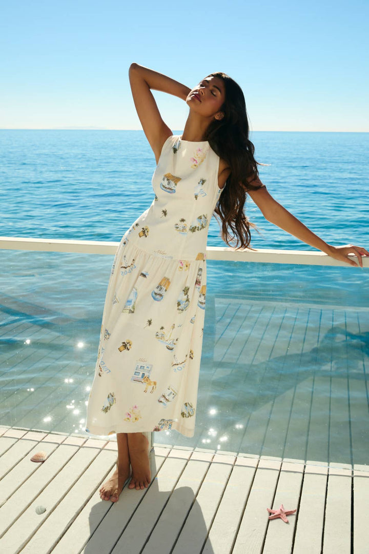 BOAT NECK SLEEVELESS DROP WAIST MIDI DRESS - CREAM MULTI
