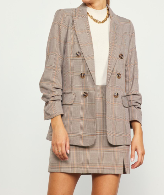 RUCHED SLEEVE OPEN FRONT PLAID BLAZER - BROWN